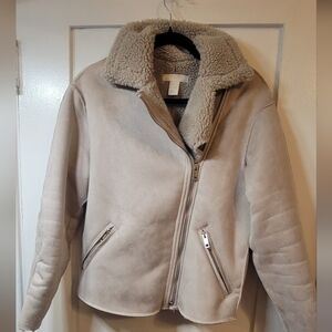 H&M Sherpa Lined Vegan Suede Full Zip Jacket Women's SZ 4